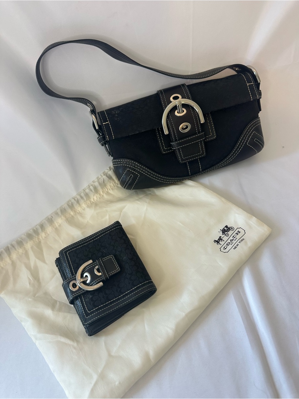 Coach Black Leather and Signature Canvas Shoulder Bag with Matching Wallet